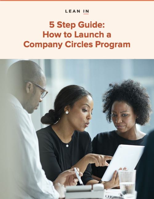 Cover of the Lean In 5 Step Guide: How to Launch a Company Circles Program, showing a man and two women reviewing a tablet together.