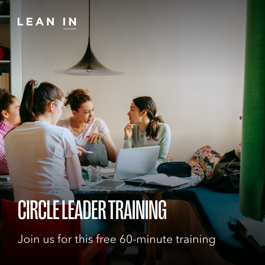 Lean In Circle Leader Training promotional image showing four women engaged in discussion around a table with a laptop. Text reads: "Join us for this free 60-minute training."